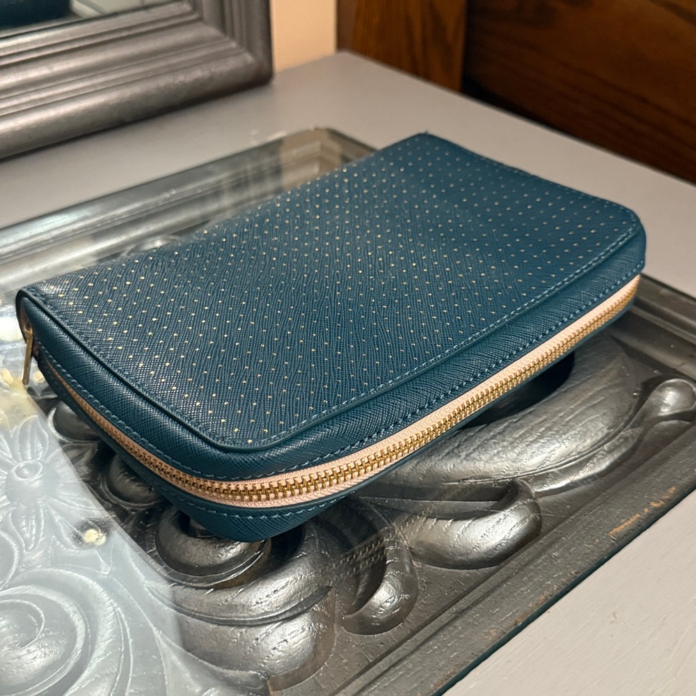 Anthropologie Teal Travel Zip Clutch with Gold Accents